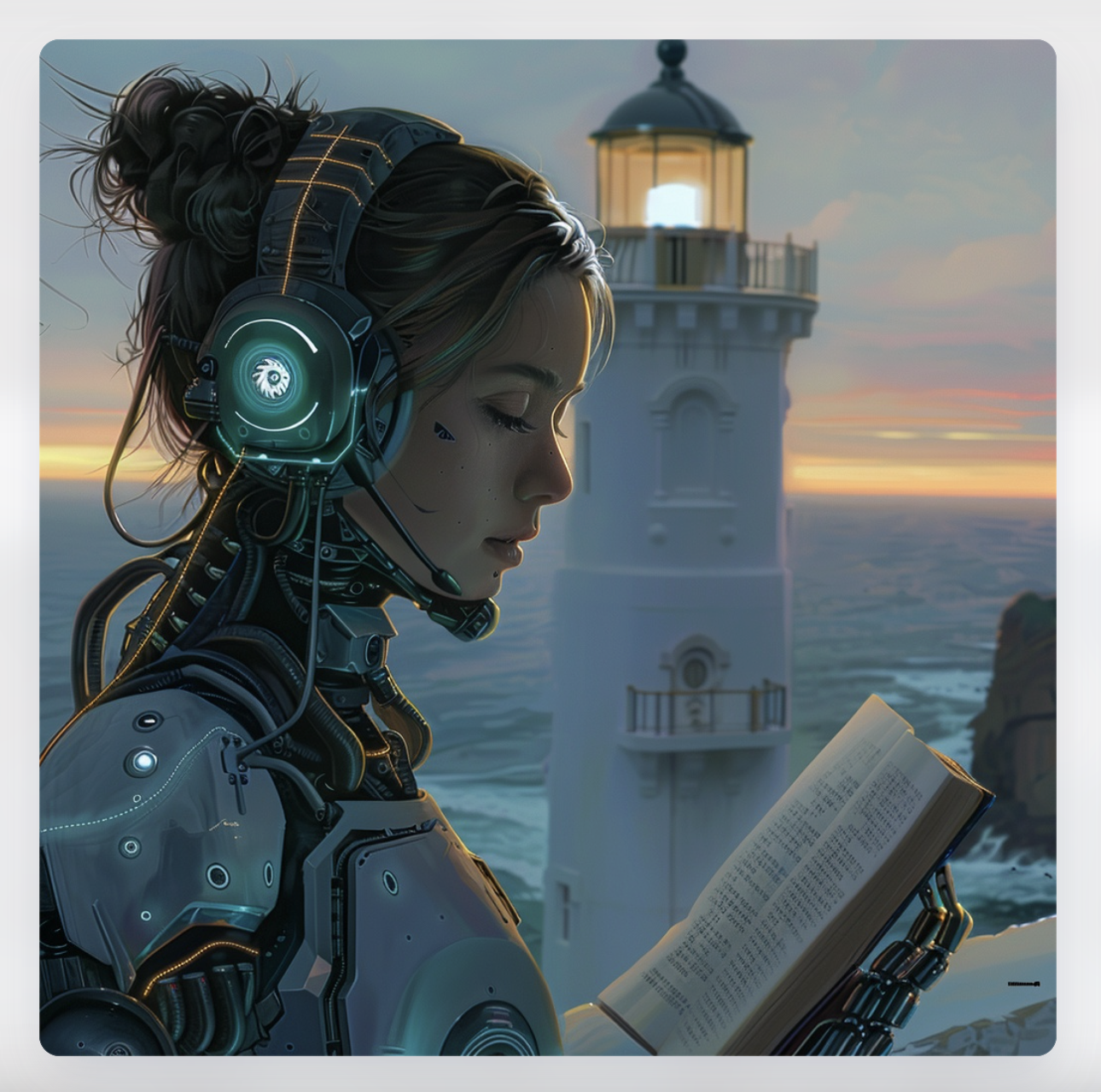 Youthful female cyborg with headset reads a book at dawn, with lighthouse in the background.
